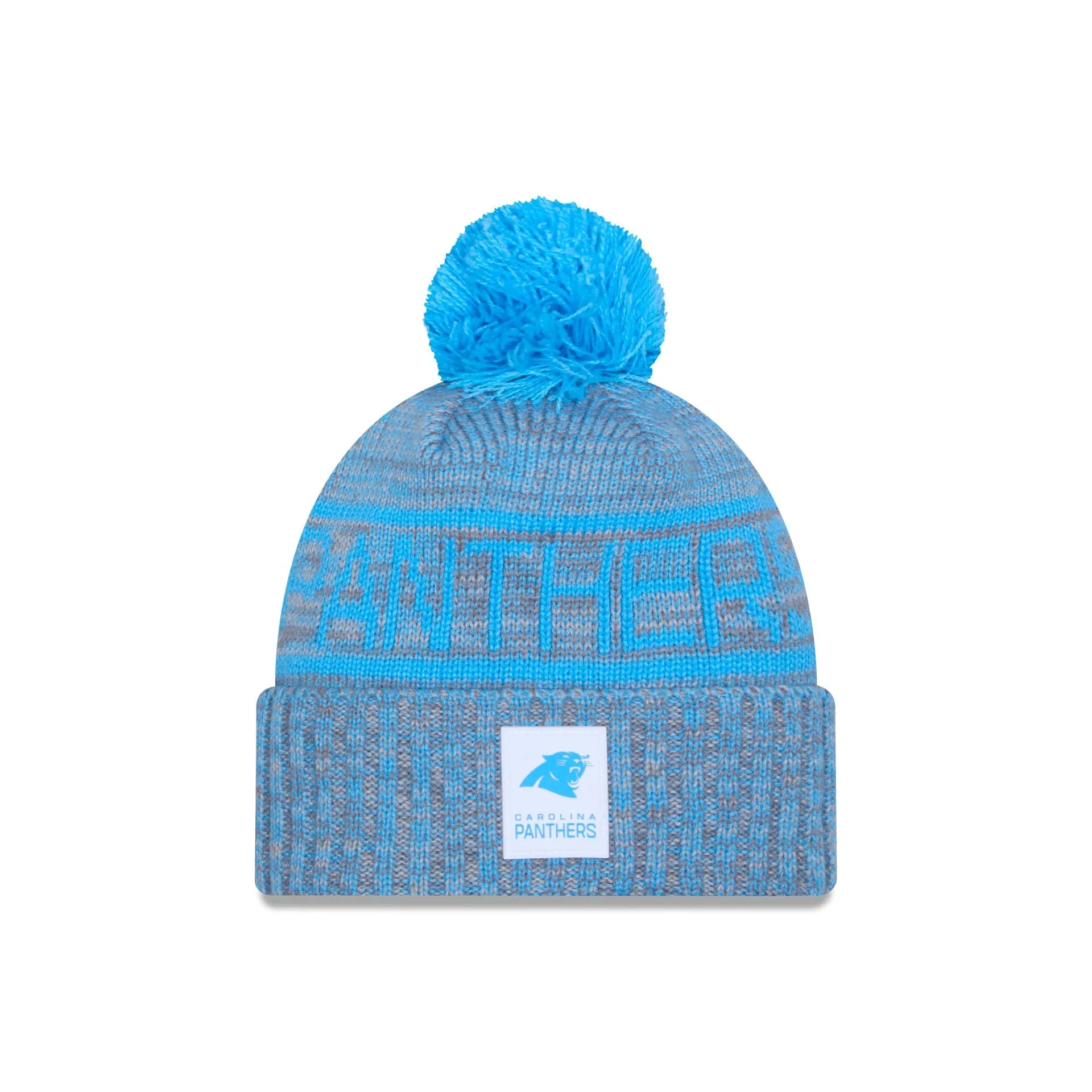 Carolina Panthers 2025 Sideline Cold Weather Gray Pom Knit Hat sold by New Era