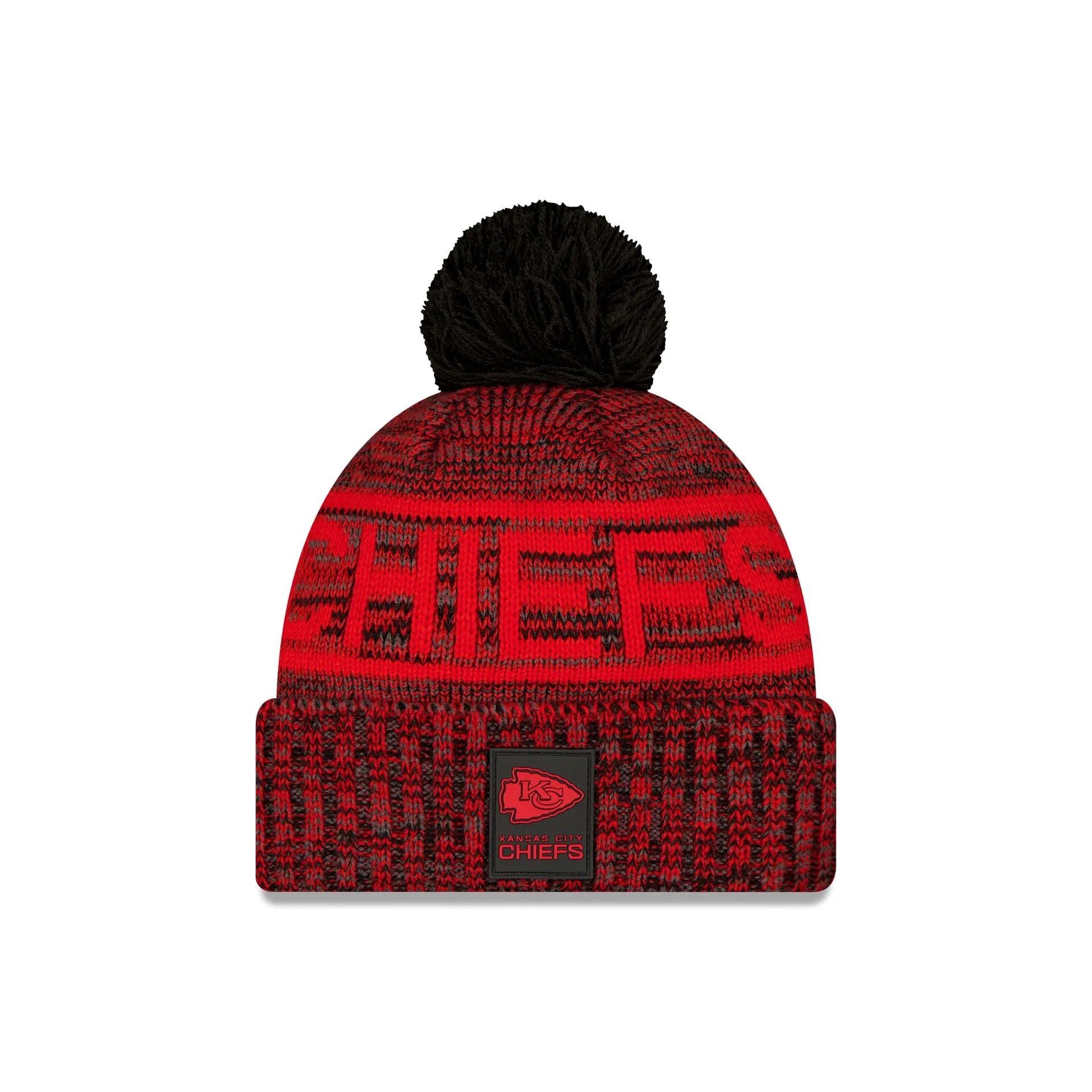 Kansas City Chiefs 2025 Sideline Cold Weather Black Pom Knit Hat sold by New Era
