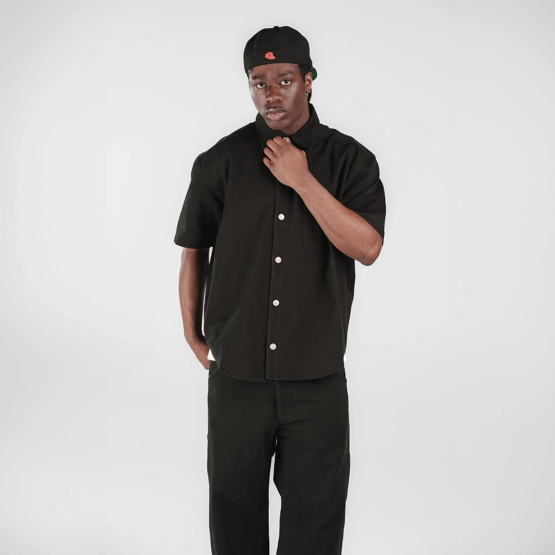 New Era Branded Ellicott Black Twill Half Sleeve Button Up Shirt sold by New Era