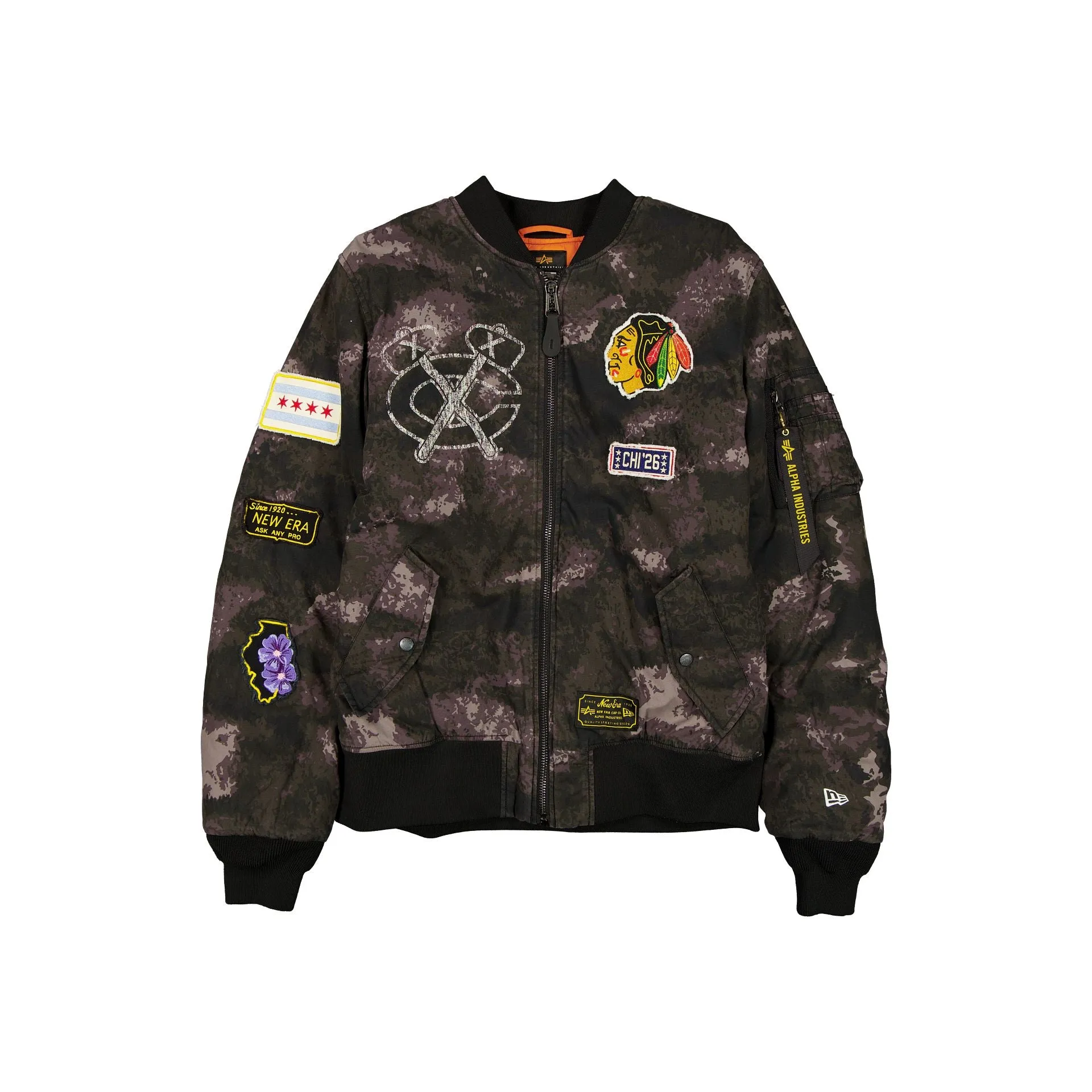 Alpha Industries x Chicago Blackhawks Black Camo MA-1 Bomber Jacket sold by New Era