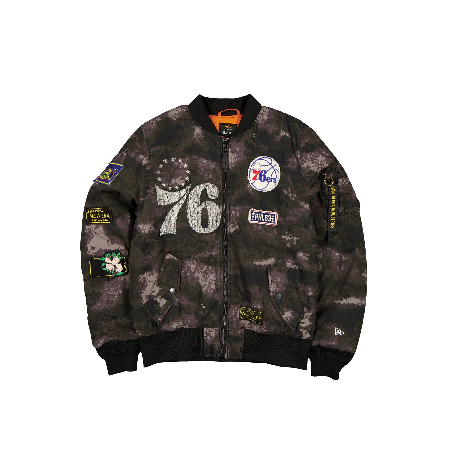 Alpha Industries x Philadelphia 76ers Black Camo MA-1 Bomber Jacket sold by New Era