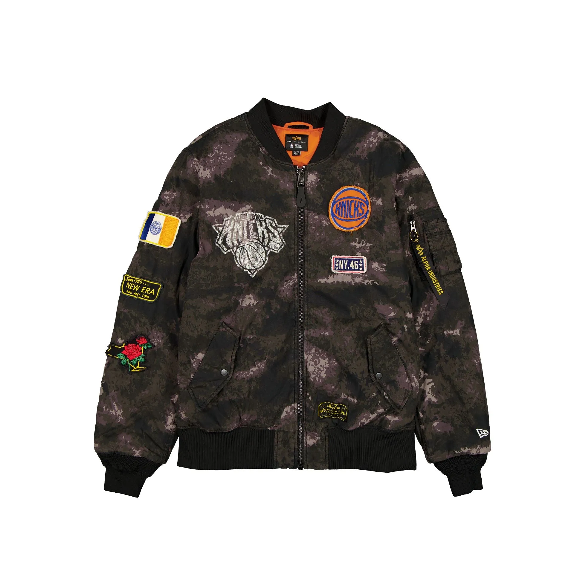 Alpha Industries x New York Knicks Black Camo MA-1 Bomber Jacket sold by New Era