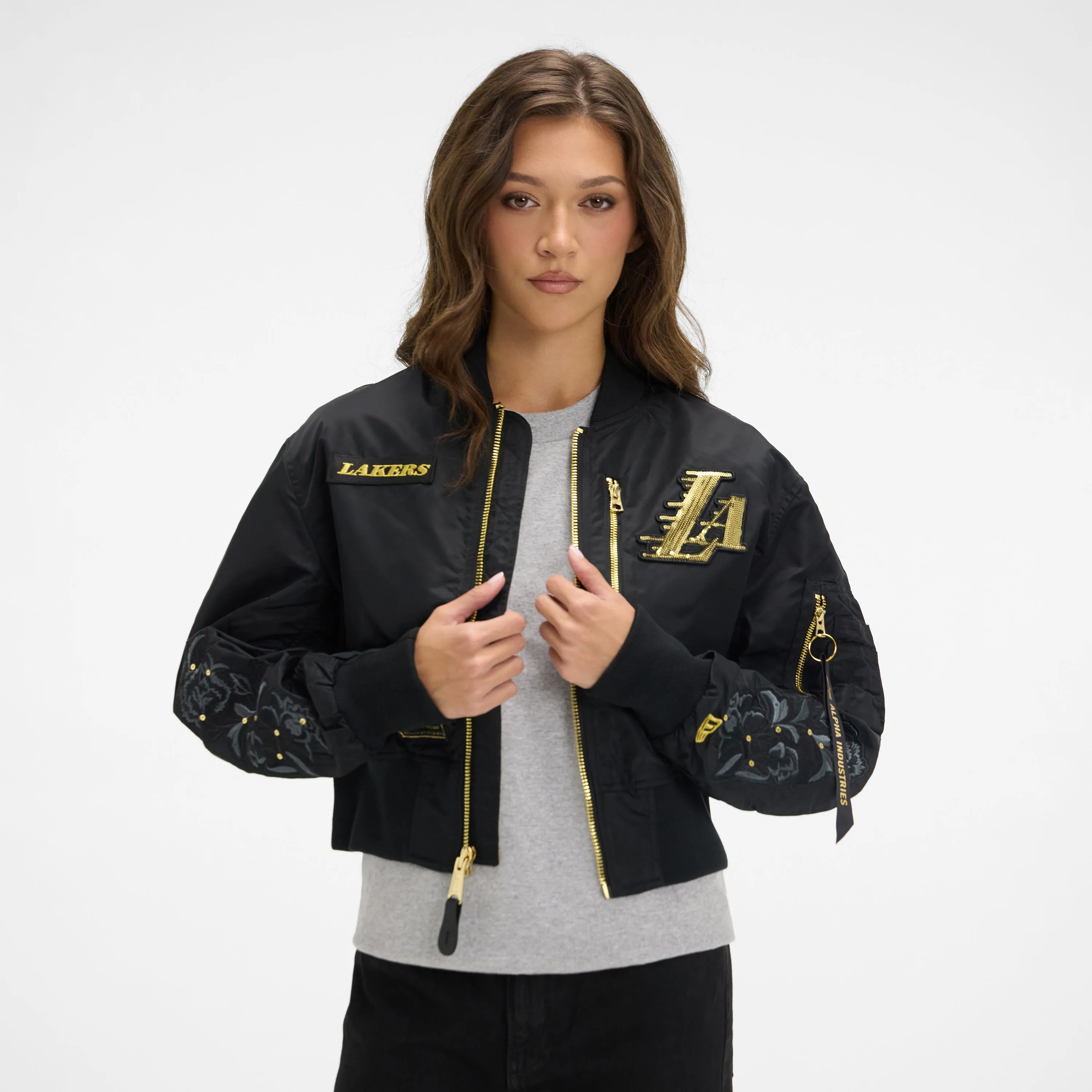 Alpha Industries x New York Knicks Black and Gold Women's Cropped L-2B Bomber Jacket sold by New Era product image thumbnail 2