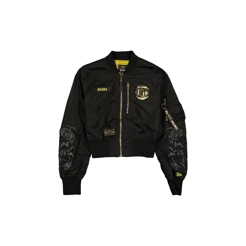 Alpha Industries x New York Knicks Black and Gold Women's Cropped L-2B Bomber Jacket sold by New Era