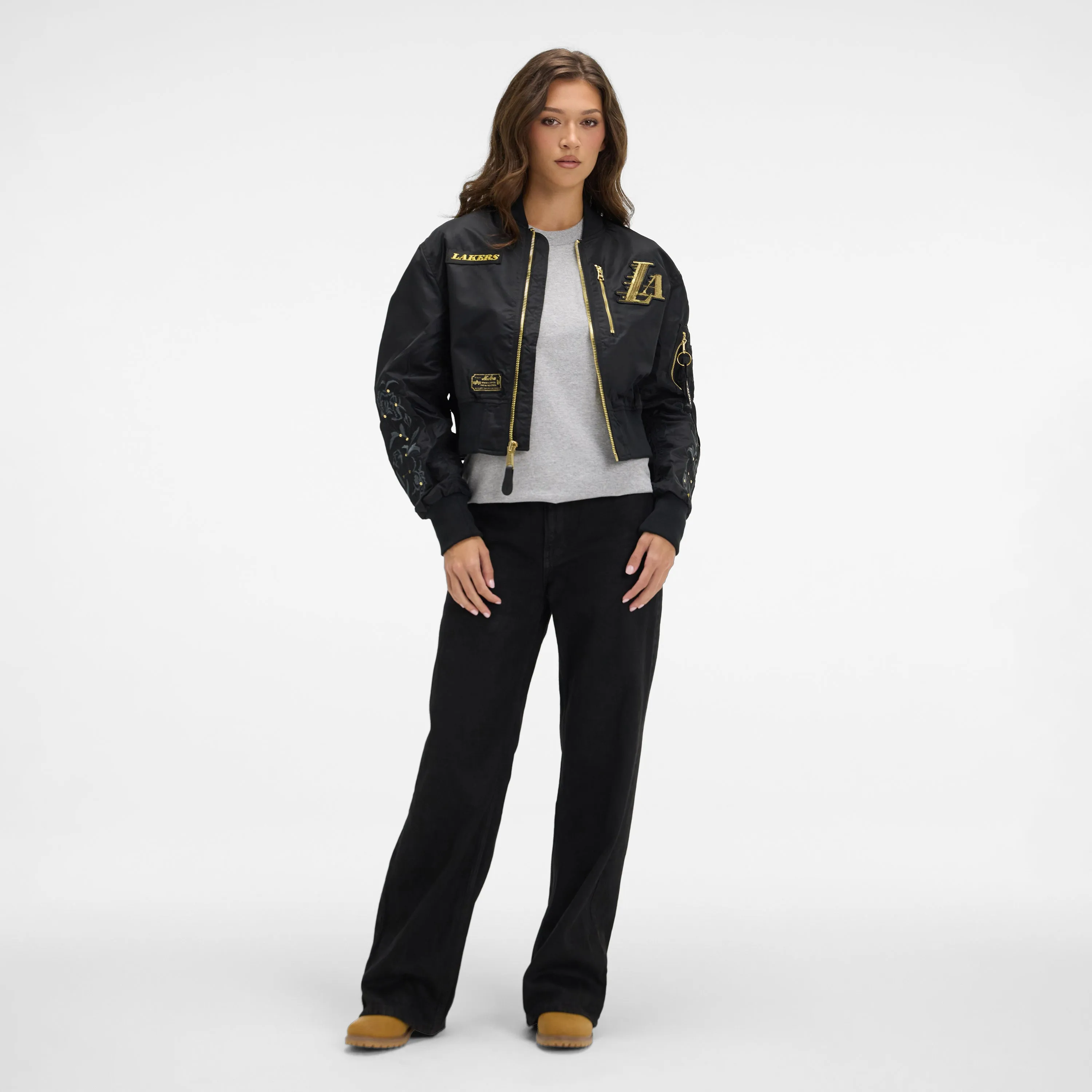 Alpha Industries x New York Knicks Black and Gold Women's Cropped L-2B Bomber Jacket sold by New Era product image thumbnail 4