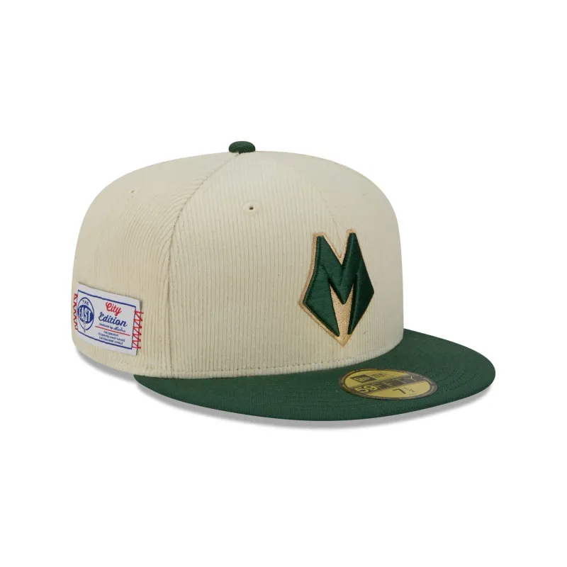 Milwaukee Bucks 2025 City Edition Chrome White Corduroy 59FIFTY Fitted Hat sold by New Era