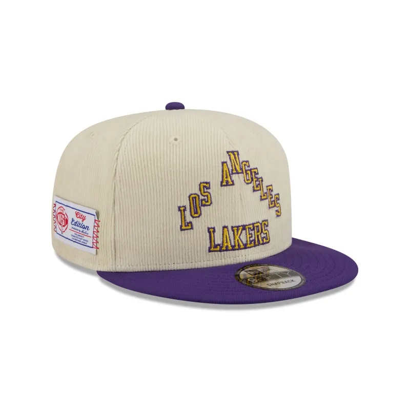 Los Angeles Lakers 2025 City Edition Chrome White Corduroy 9FIFTY Snapback Hat sold by New Era