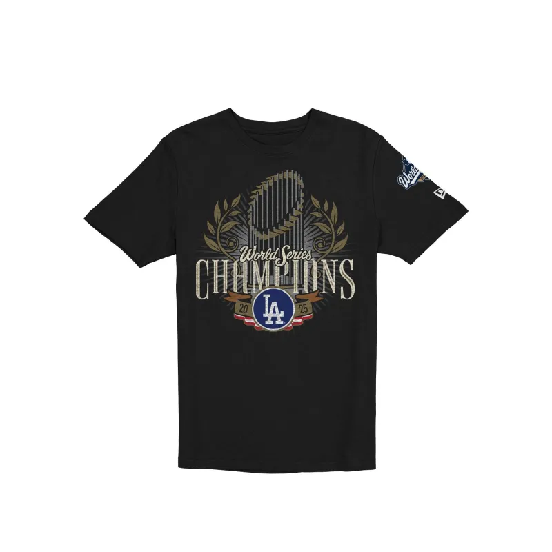 Los Angeles Dodgers 2025 World Series Champions Commissioner's Trophy Black T-Shirt sold by New Era