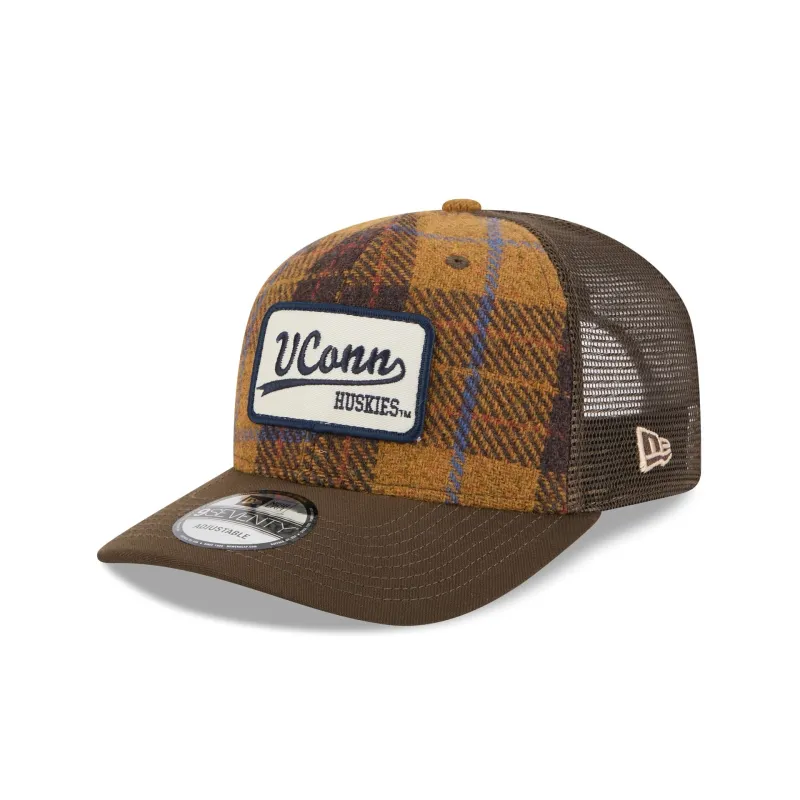 Connecticut Huskies Wool Plaid 9SEVENTY Trucker Hat sold by New Era