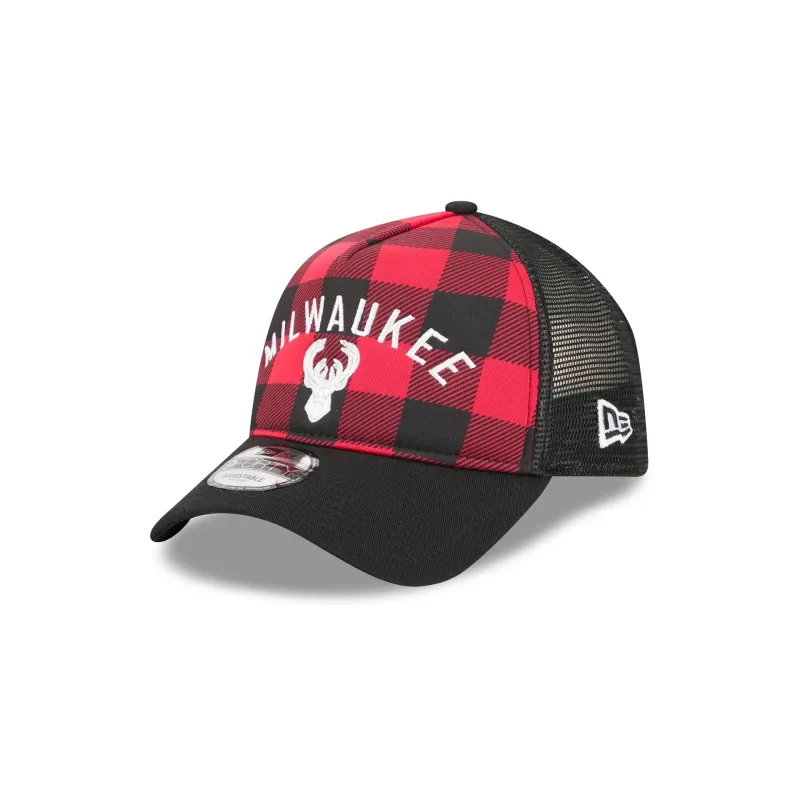 Milwaukee Bucks Evergreen Check 9FORTY A-Frame Trucker Hat sold by New Era