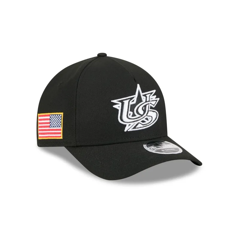 USA World Baseball Classic Black and White 9FORTY M-Crown A-Frame Snapback Hat sold by New Era