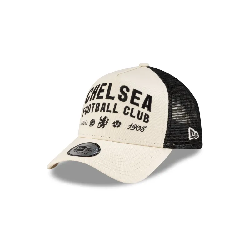 Chelsea FC Light Cream 9FORTY A-Frame Trucker Hat made by New Era