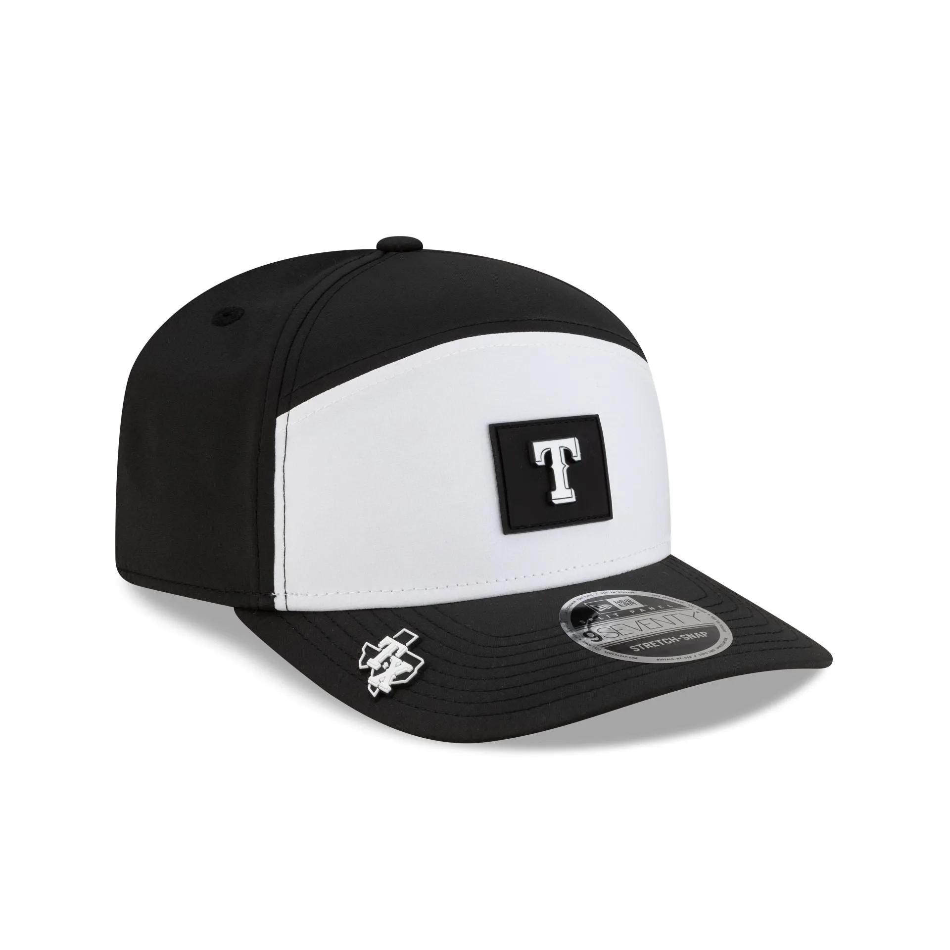 Texas Rangers 2026 Clubhouse Black & White Split Panel 9SEVENTY Stretch-Snap Hat sold by New Era