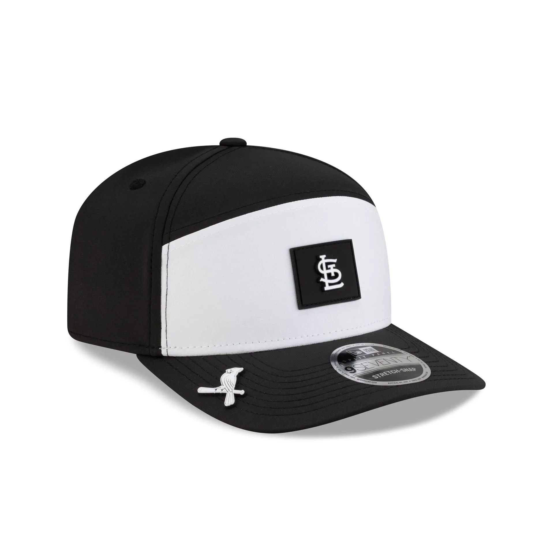 St. Louis Cardinals 2026 Clubhouse Black & White Split Panel 9SEVENTY Stretch-Snap Hat sold by New Era