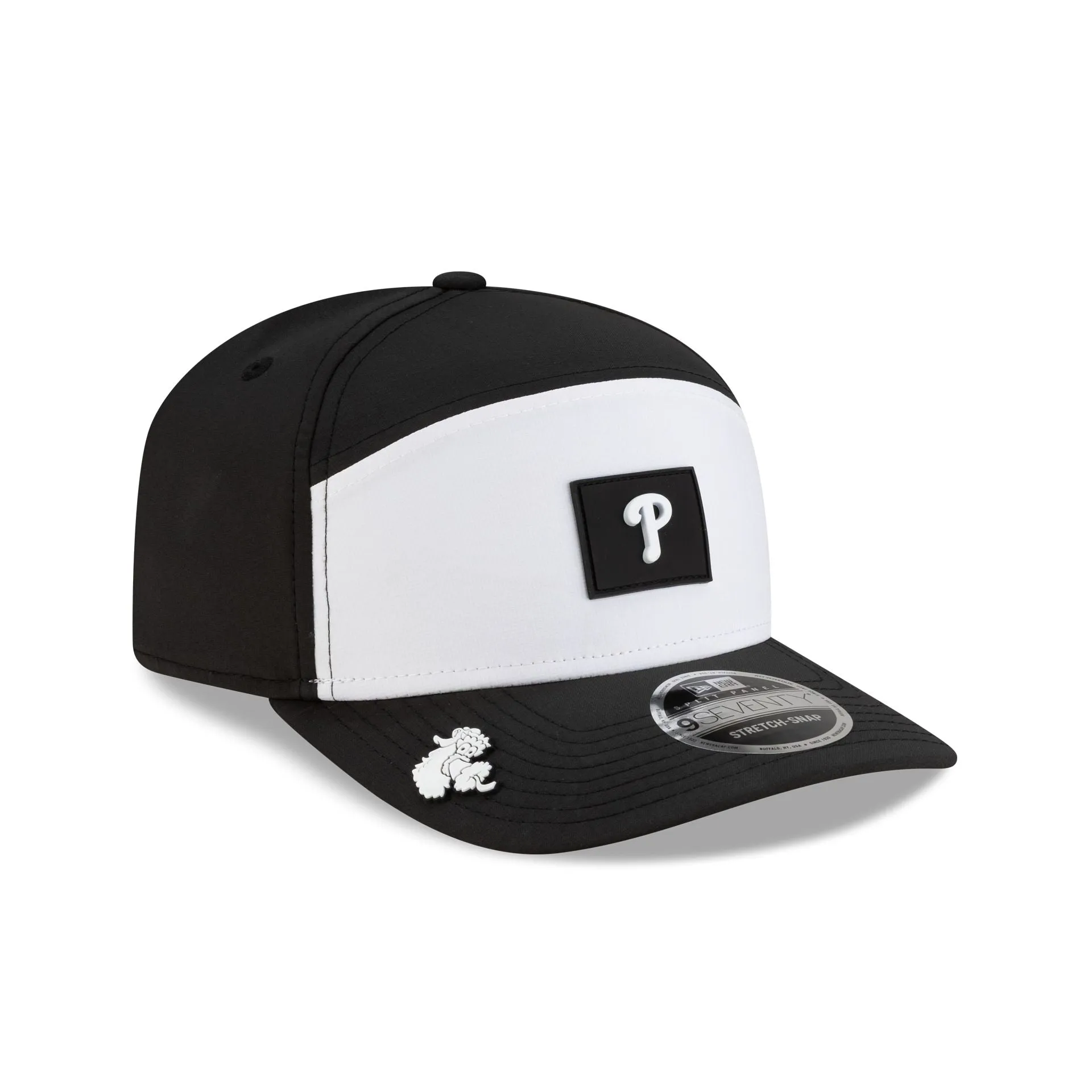 Philadelphia Phillies 2026 Clubhouse Black & White Split Panel 9SEVENTY Stretch-Snap Hat sold by New Era