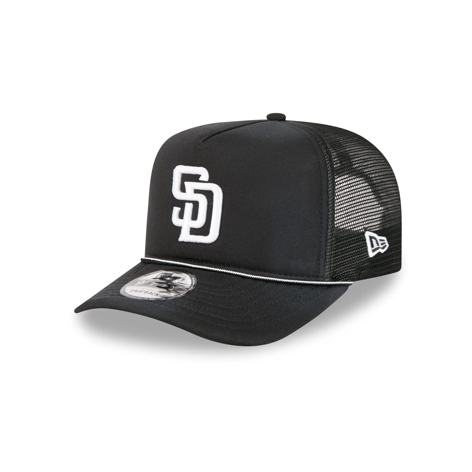 San Diego Padres Washed Black 9FIFTY A-Frame Trucker Hat sold by New Era