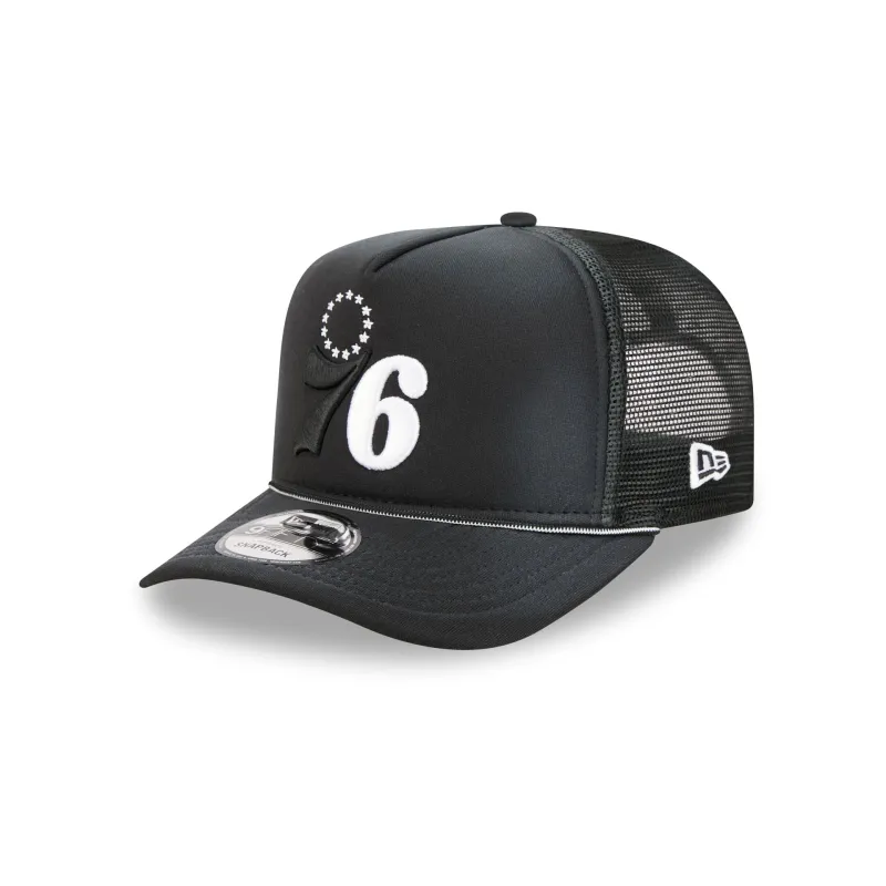 Philadelphia 76ers Washed Black 9FIFTY A-Frame Trucker Hat sold by New Era
