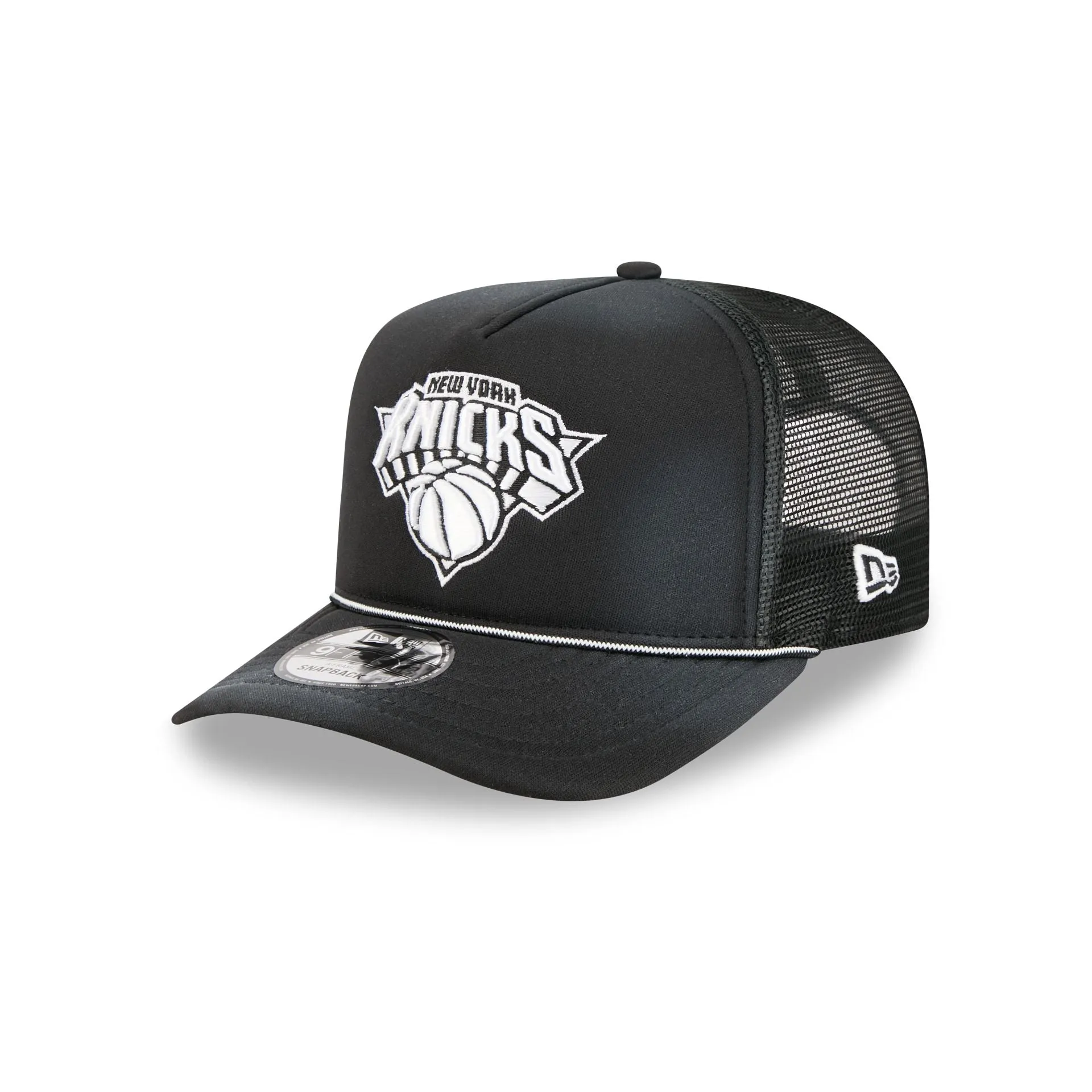 New York Knicks Washed Black 9FIFTY A-Frame Trucker Hat sold by New Era