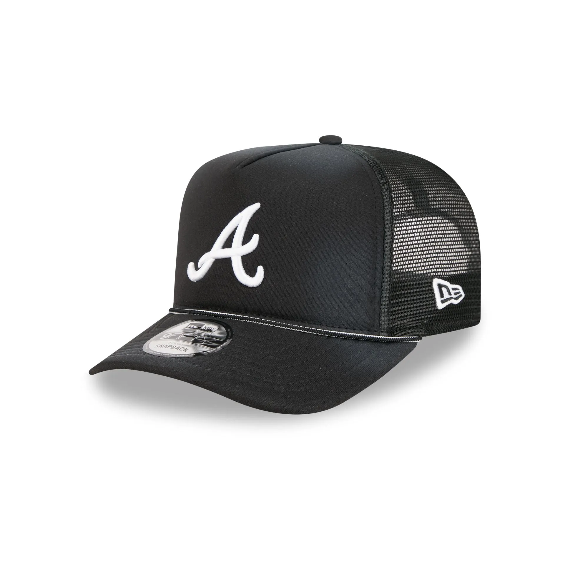 Atlanta Braves Washed Black 9FIFTY A-Frame Trucker Hat sold by New Era
