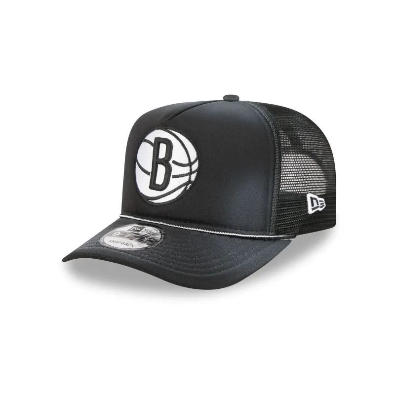 Brooklyn Nets Washed Black 9FIFTY A-Frame Trucker Hat made by New Era