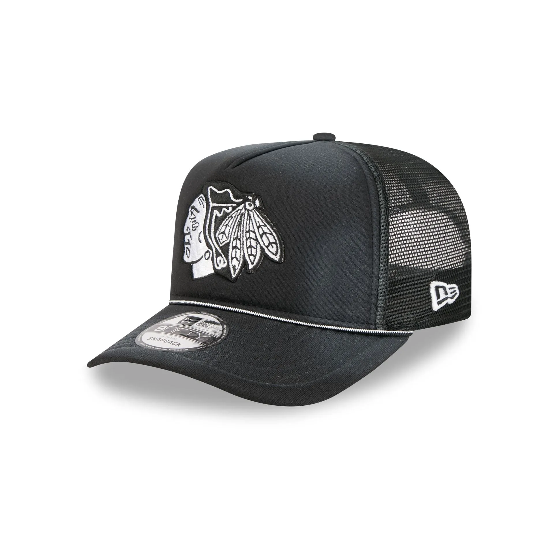Chicago Blackhawks Washed Black 9FIFTY A-Frame Trucker Hat sold by New Era