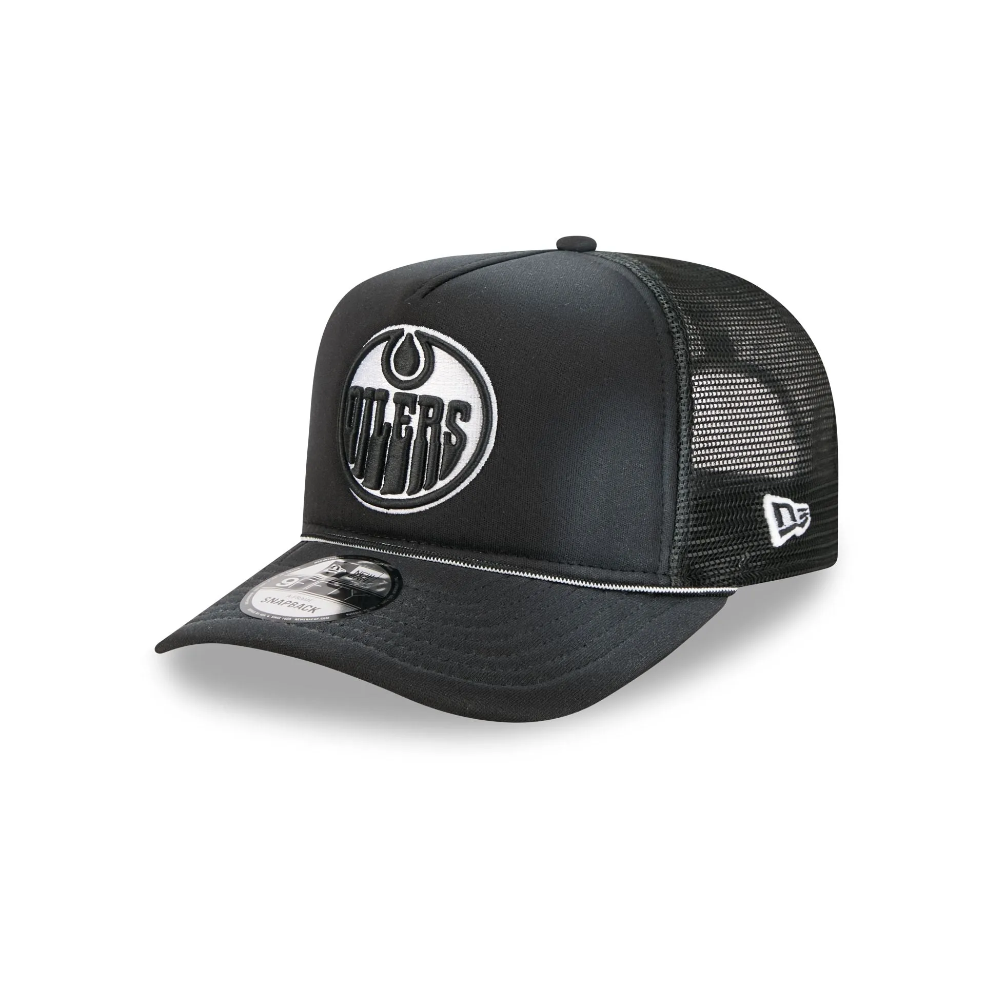 Edmonton Oilers Washed Black 9FIFTY A-Frame Trucker Hat sold by New Era