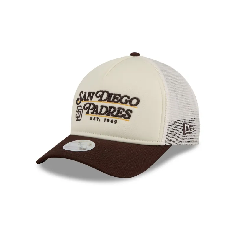 San Diego Padres Retro Chrome Women's White 9FORTY M-Crown A-Frame Trucker Hat sold by New Era