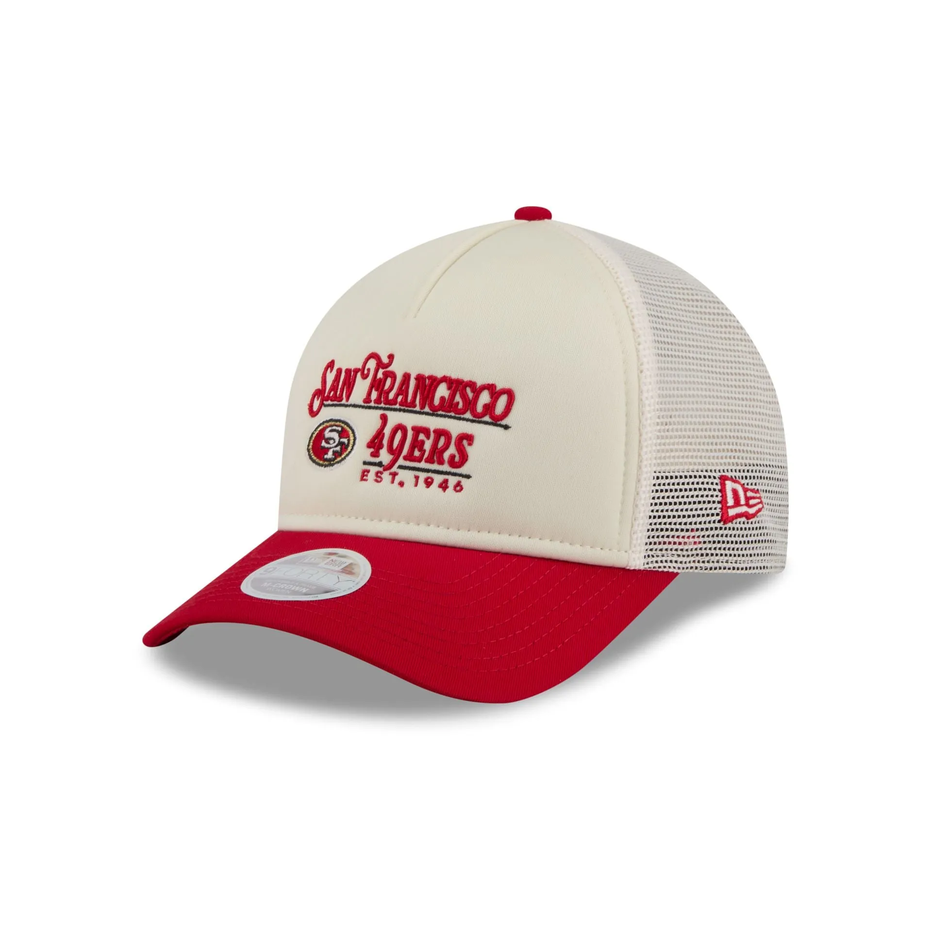 San Francisco 49ers Retro Chrome Women's White 9FORTY M-Crown A-Frame Trucker Hat sold by New Era