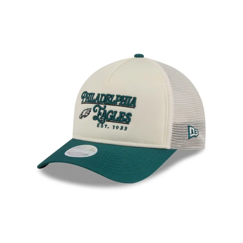 Philadelphia Eagles Retro Chrome Women's White 9FORTY M-Crown A-Frame Trucker Hat made by New Era