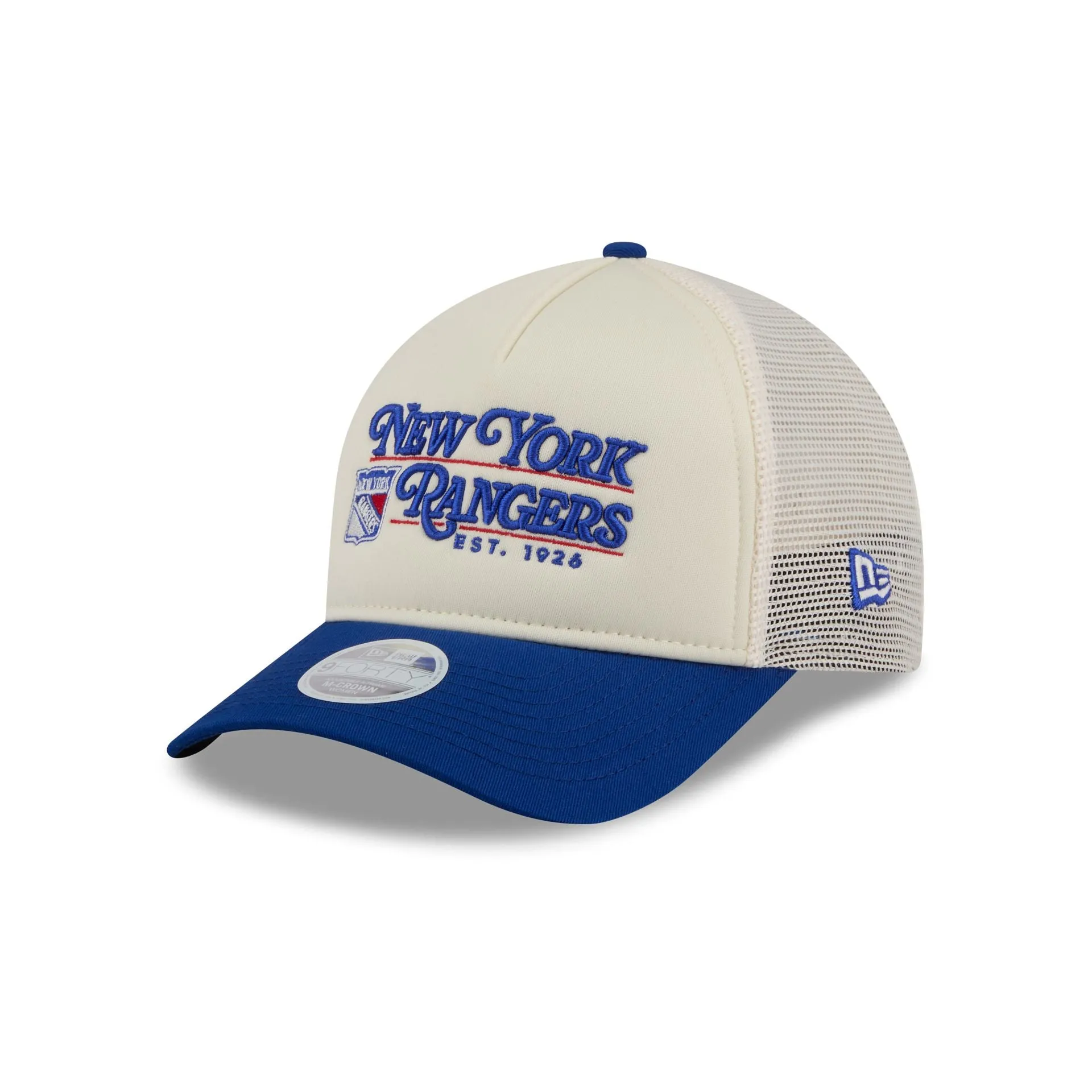 New York Rangers Retro Chrome Women's White 9FORTY M-Crown A-Frame Trucker Hat sold by New Era