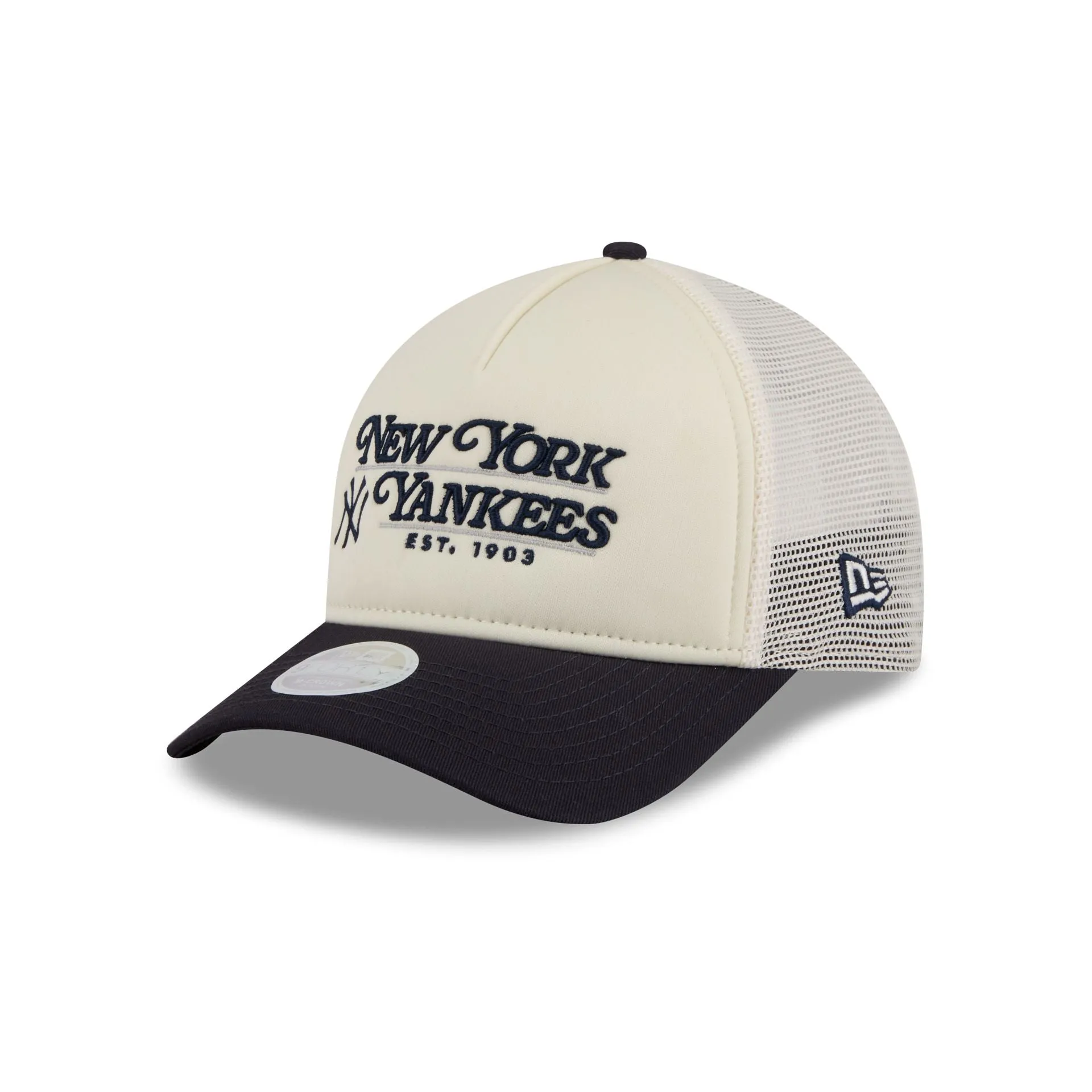 New York Yankees Retro Chrome Women's White 9FORTY M-Crown A-Frame Trucker Hat sold by New Era