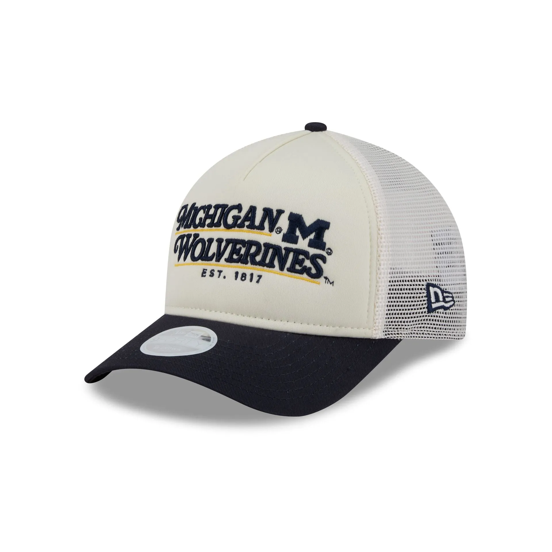 Michigan Wolverines Retro Chrome Women's White 9FORTY M-Crown A-Frame Trucker Hat sold by New Era