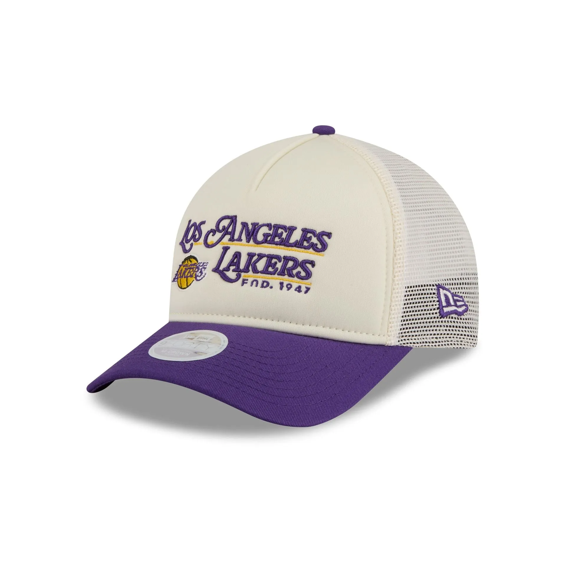 Los Angeles Lakers Retro Chrome Women's White 9FORTY M-Crown A-Frame Trucker Hat sold by New Era