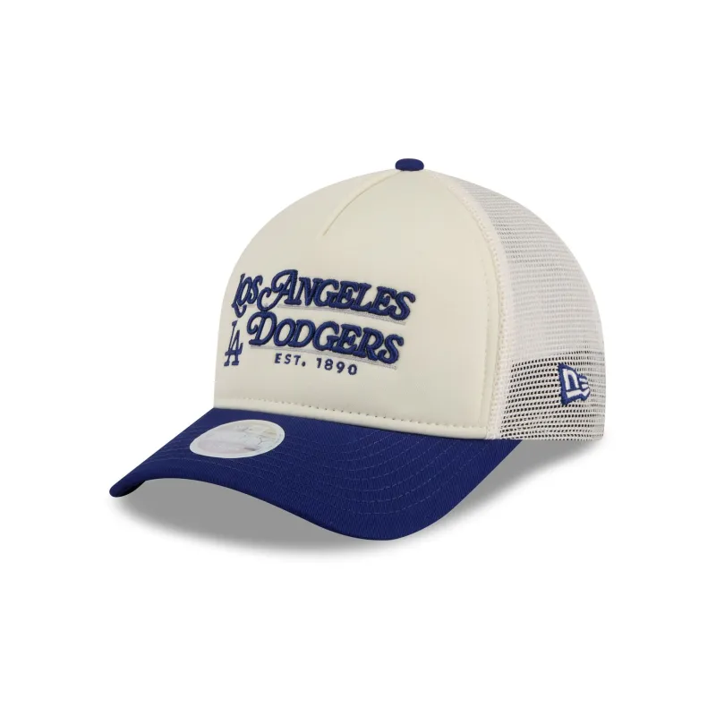 Los Angeles Dodgers Retro Chrome Women's White 9FORTY M-Crown A-Frame Trucker Hat sold by New Era