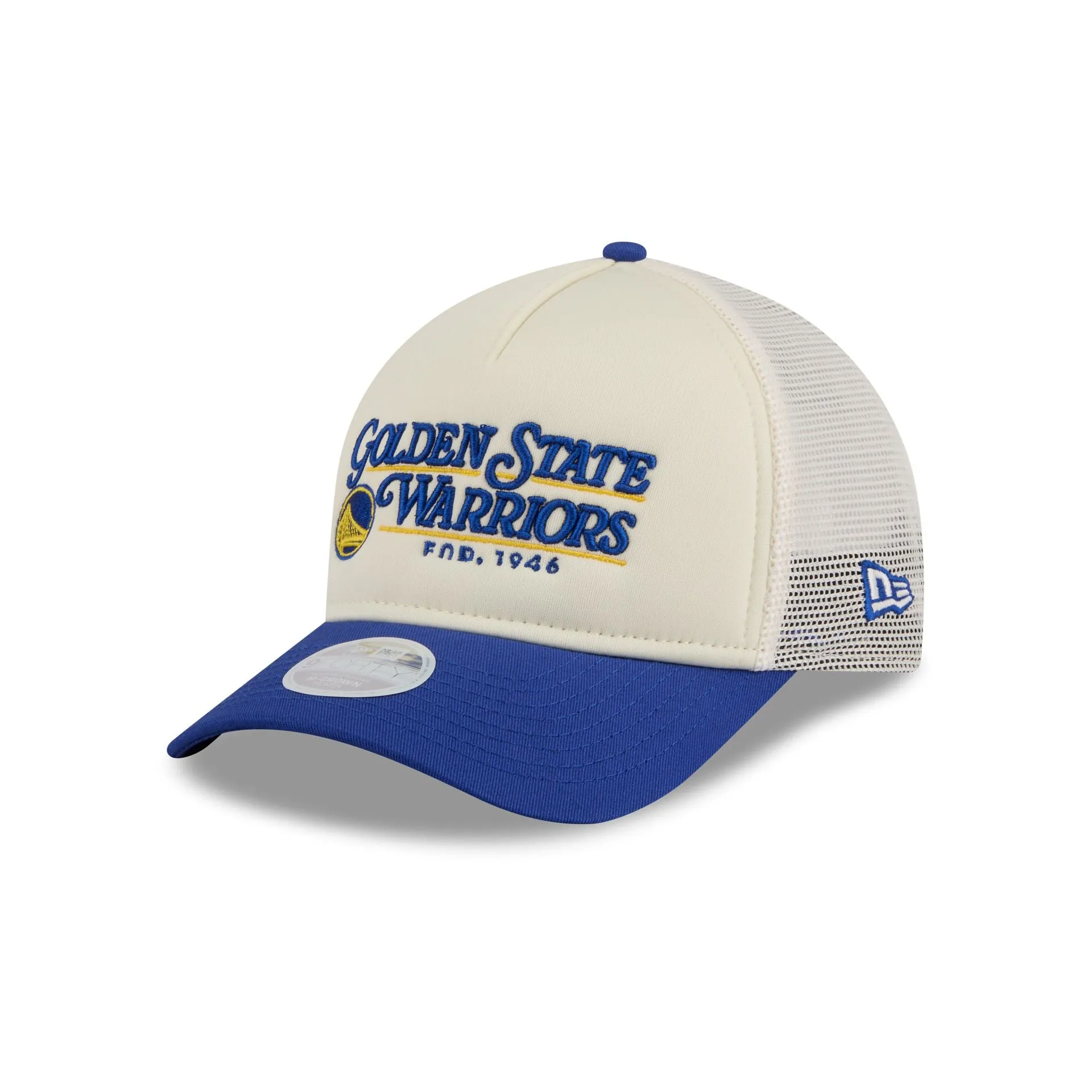 Golden State Warriors Retro Chrome Women's White 9FORTY M-Crown A-Frame Trucker Hat sold by New Era