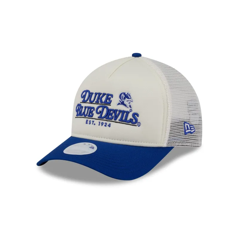 Duke Blue Devils Retro Chrome Women's White 9FORTY M-Crown A-Frame Trucker Hat made by New Era