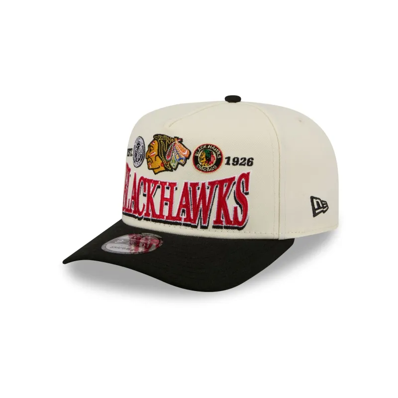 Chicago Blackhawks Three Hit Chrome White 9FIFTY A-Frame Snapback Hat made by New Era