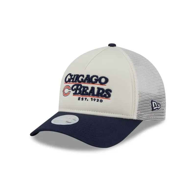 Chicago Bears Retro Chrome Women's White 9FORTY M-Crown A-Frame Trucker Hat sold by New Era