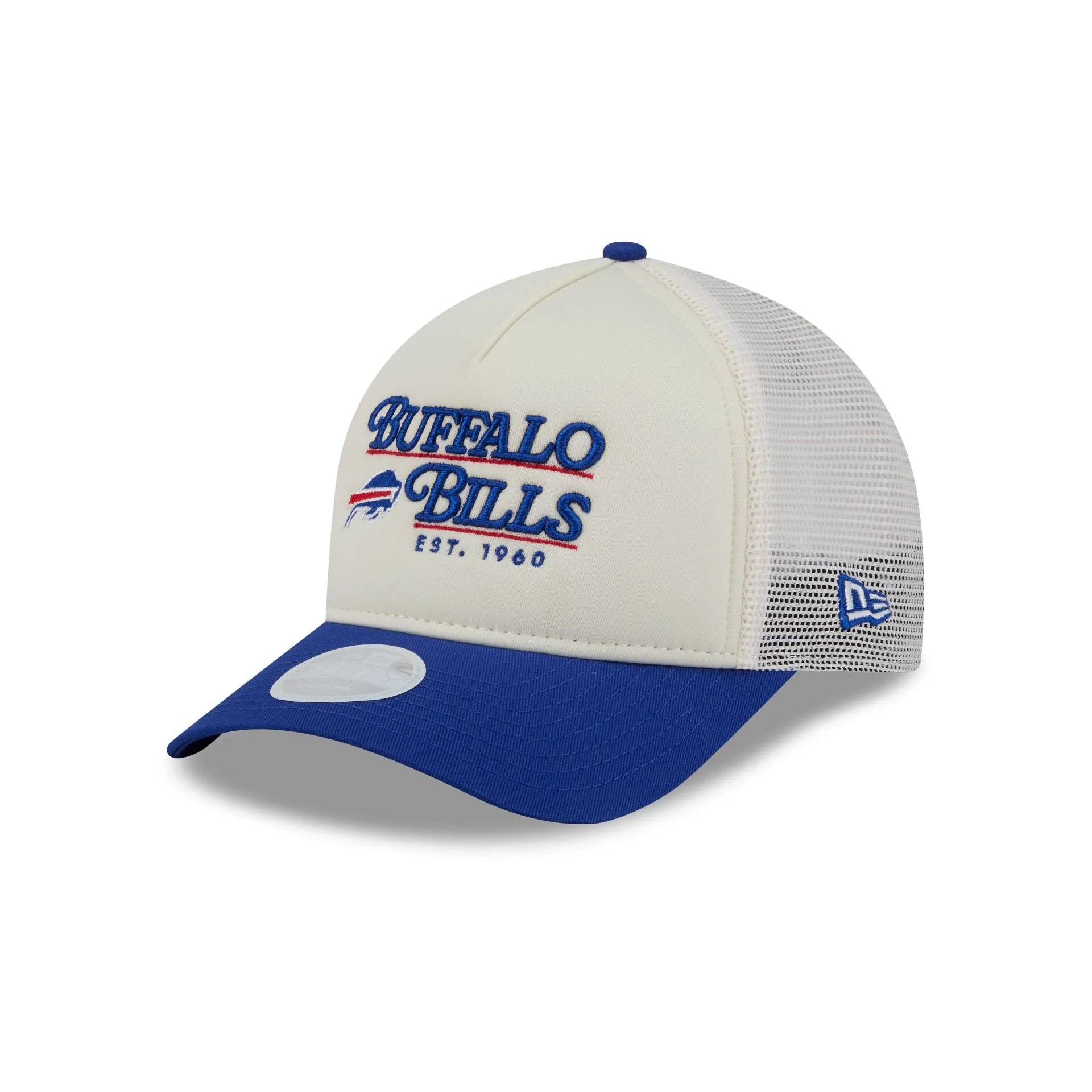 Buffalo Bills Retro Chrome Women's White 9FORTY M-Crown A-Frame Trucker Hat sold by New Era
