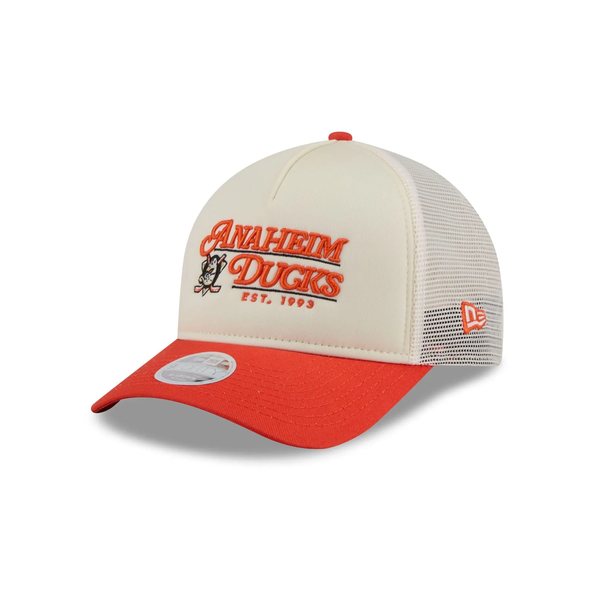 Anaheim Ducks Retro Chrome Women's White 9FORTY M-Crown A-Frame Trucker Hat sold by New Era