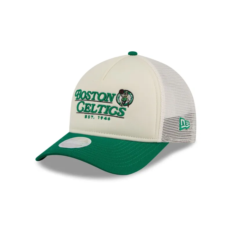 Boston Celtics Retro Chrome Women's White 9FORTY M-Crown A-Frame Trucker Hat sold by New Era