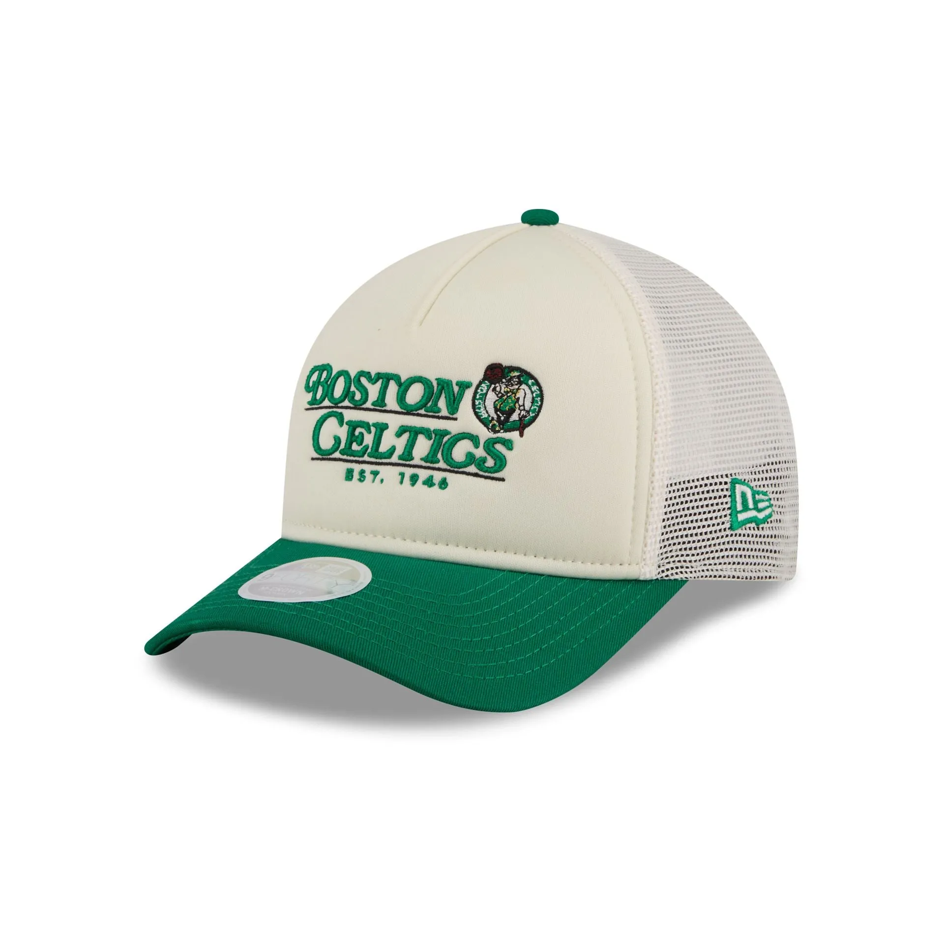 Boston Celtics Retro Chrome Women's White 9FORTY M-Crown A-Frame Trucker Hat sold by New Era