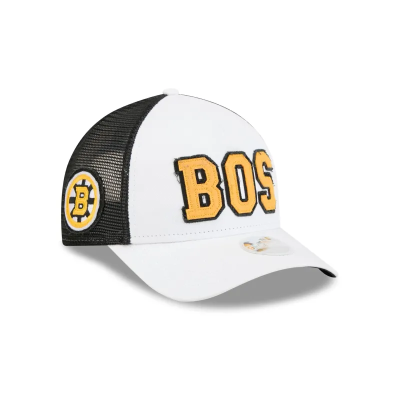 Boston Bruins Optic White Felt Logo Women's 9FORTY M-Crown A-Frame Trucker Hat made by New Era