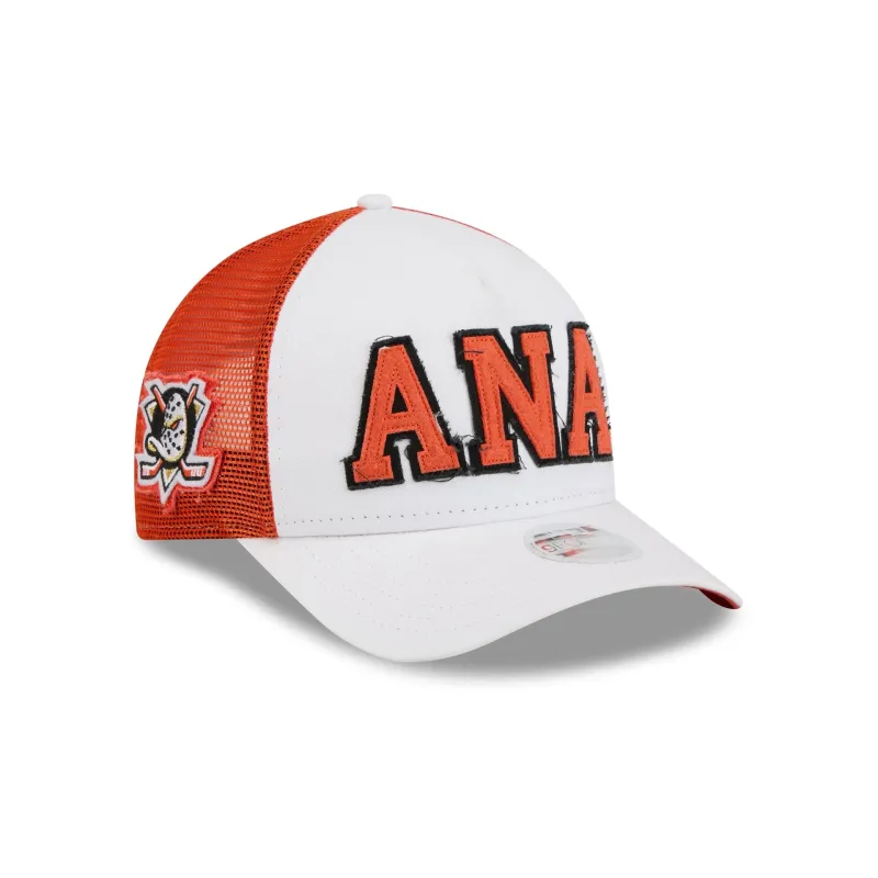 Anaheim Ducks Optic White Felt Logo Women's 9FORTY M-Crown A-Frame Trucker Hat made by New Era