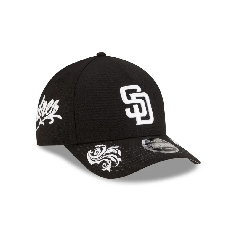 San Diego Padres Script Black and White 9FORTY M-Crown A-Frame Snapback Hat made by New Era
