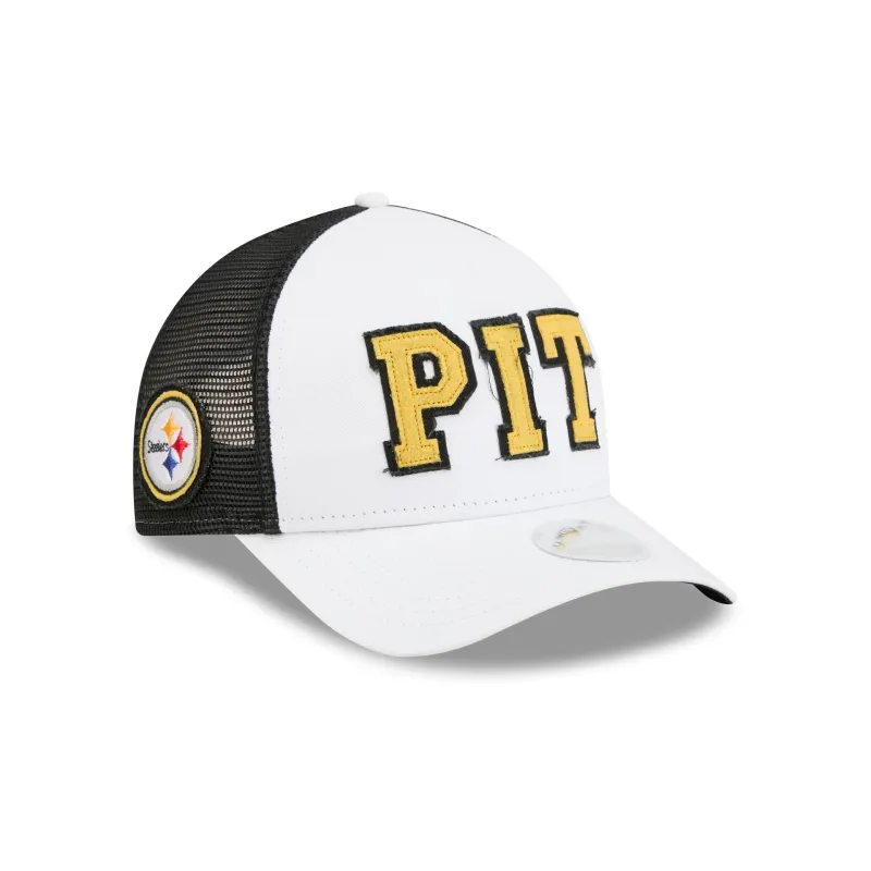 Pittsburgh Steelers Optic White Felt Logo Women's 9FORTY M-Crown A-Frame Trucker Hat made by New Era
