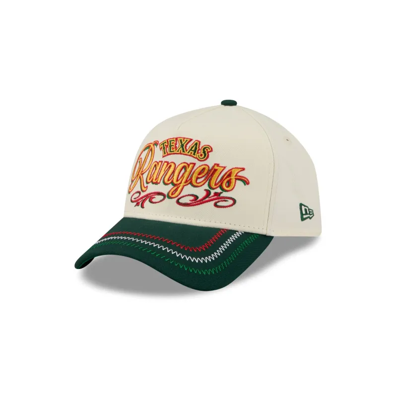 Texas Rangers Cinco de Mayo Chrome White 9FORTY A-Frame Snapback Hat made by New Era