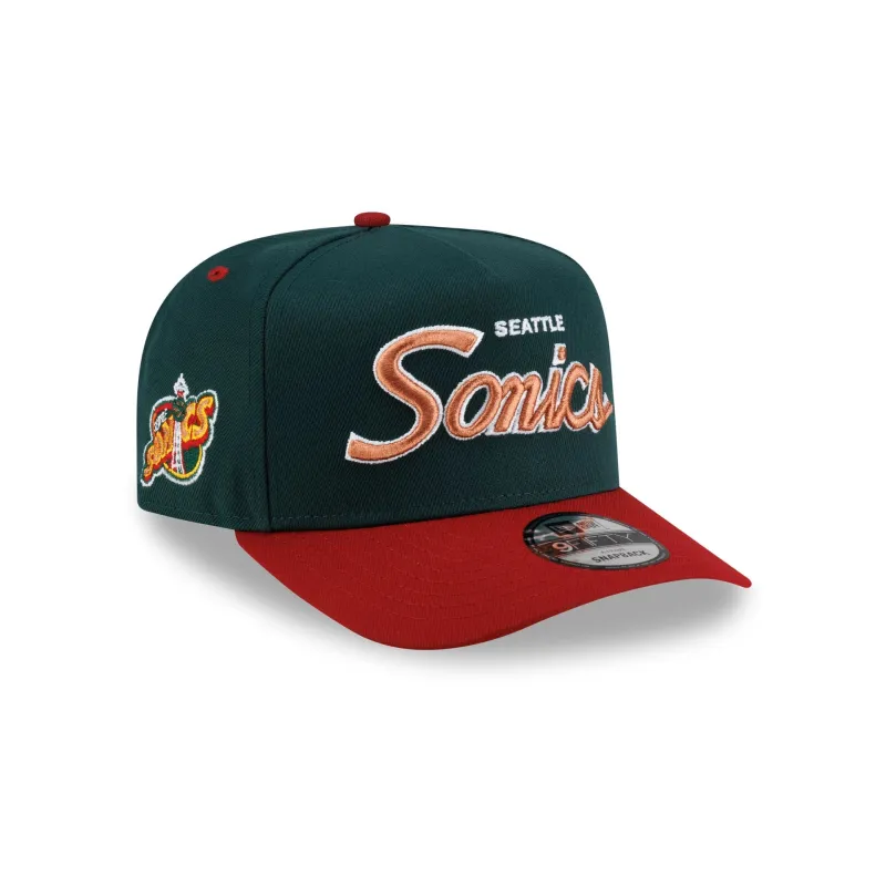 Seattle Supersonics Hardwood Classics 90s Script 9FIFTY A-Frame Snapback Hat made by New Era
