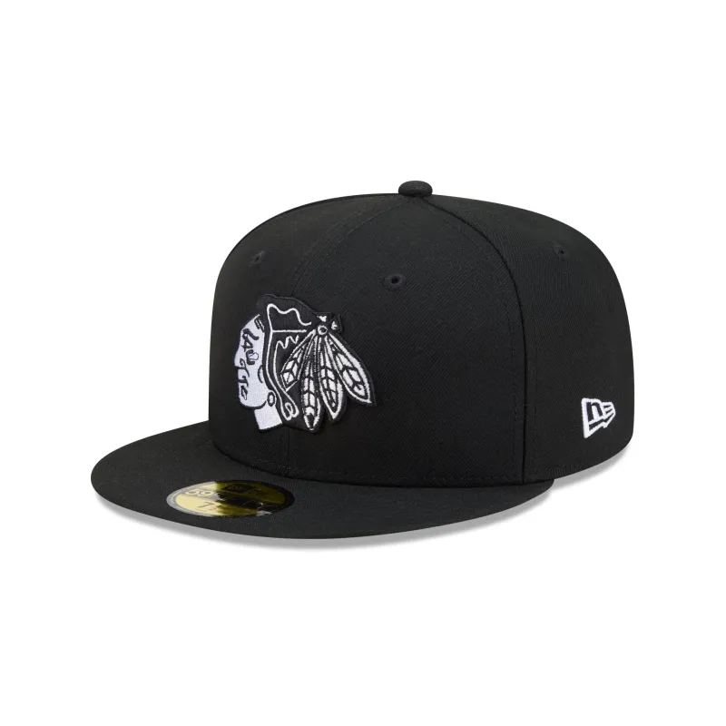 Chicago Blackhawks Black and White Basic 59FIFTY Fitted Hat made by New Era