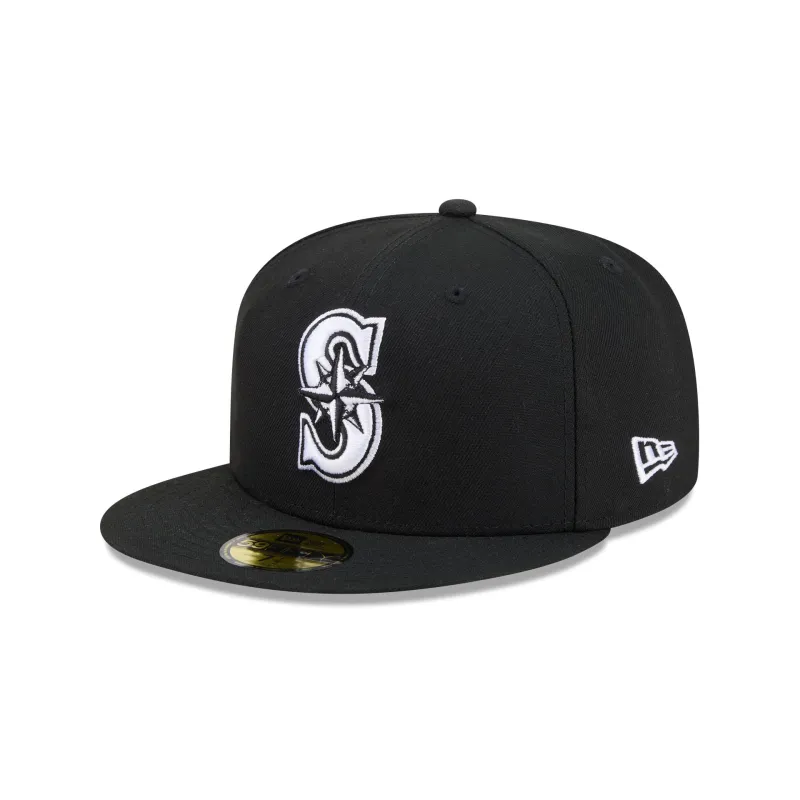Seattle Mariners Black and White Basic 59FIFTY Fitted Hat made by New Era